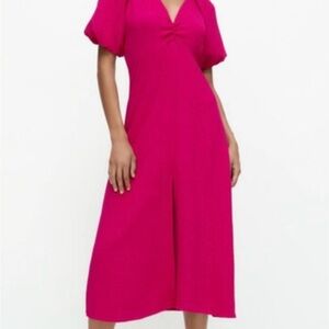 zara fuchsia hot pink midi long balloon sleeve dress
